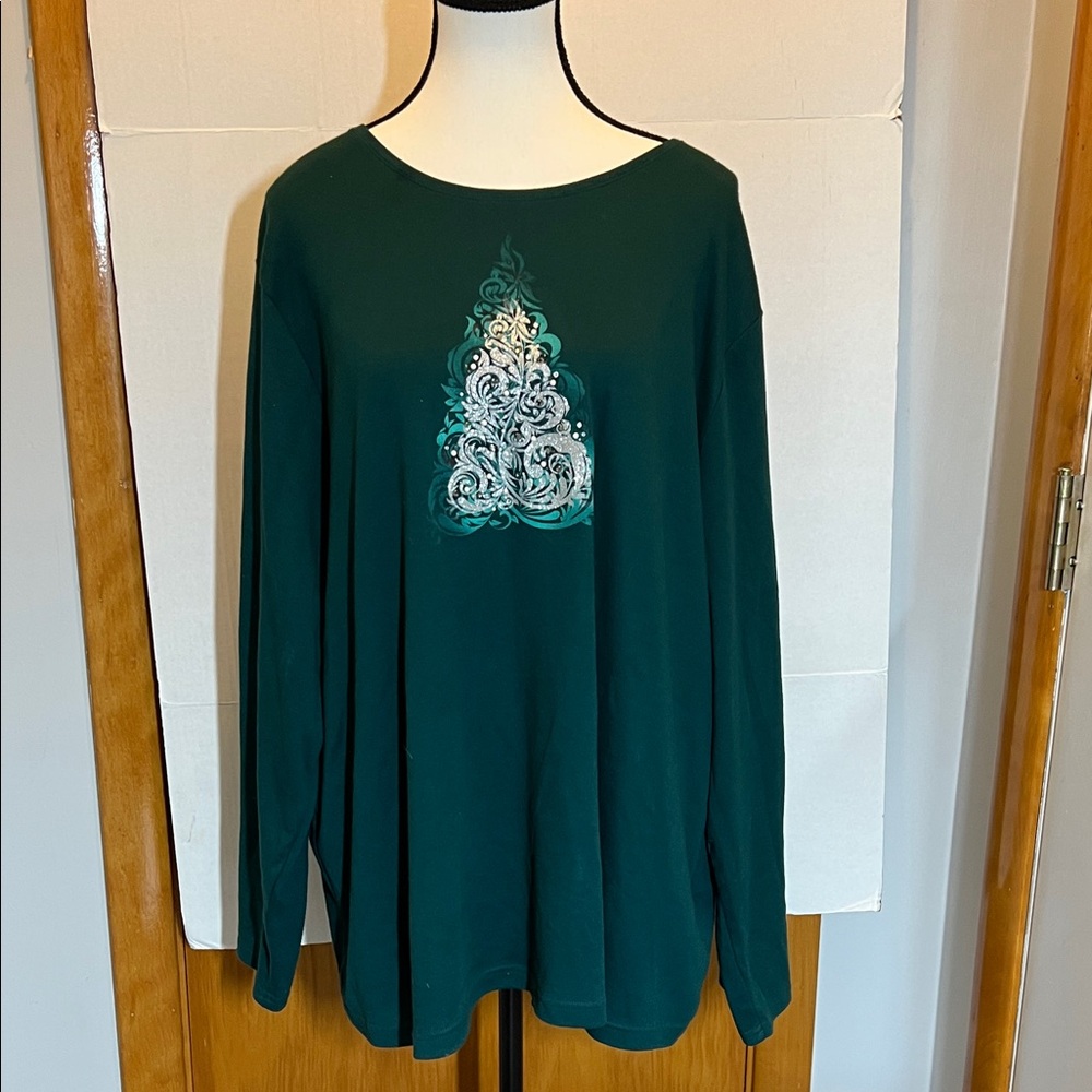Croft & Barrow Stylish Teal holiday embellished tree Long Sleeve Top